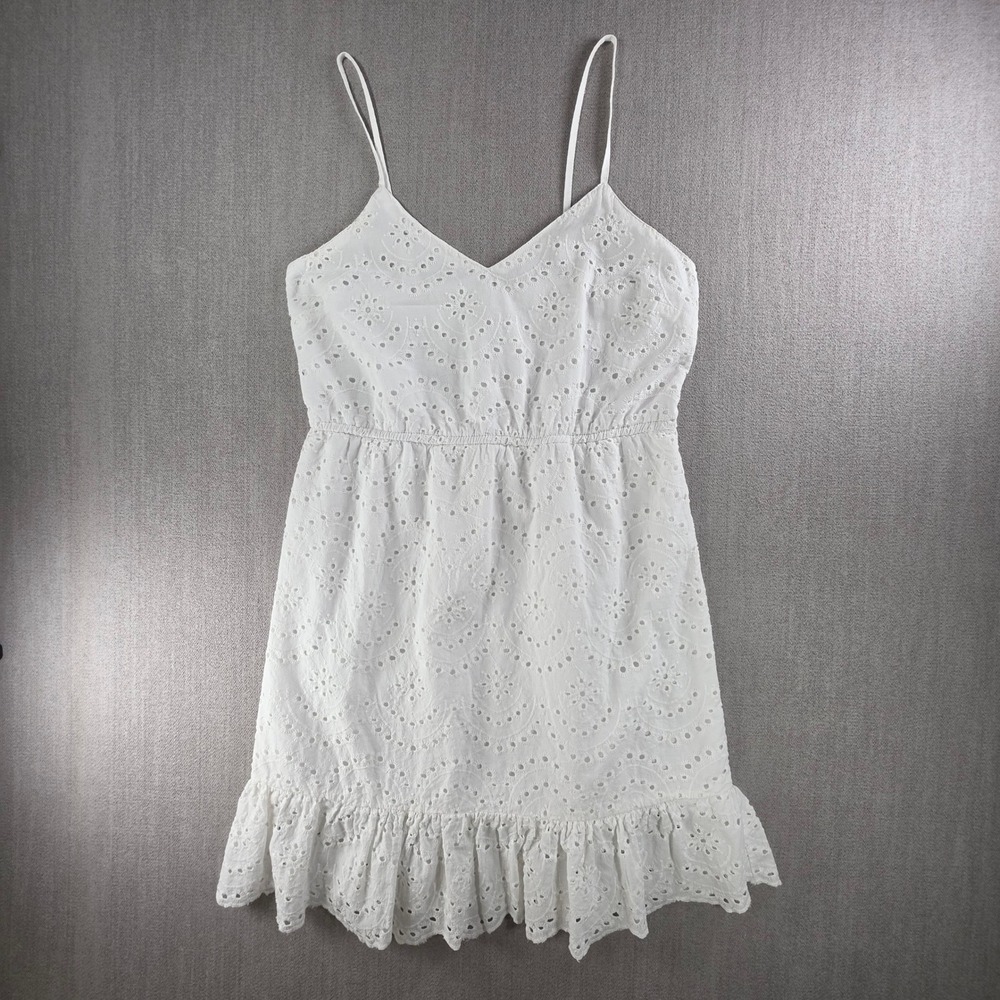Japna Eyelet Dress Women L White Cotton Spaghetti‎ Strap Ruffle Mini Romantic